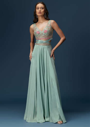 Blue Embroidered Palazzo Set With Coordinated Jacket And Blouse