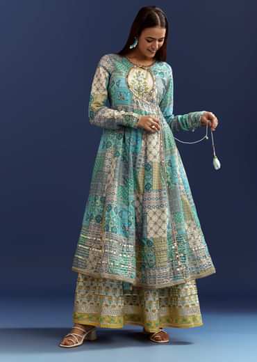 Blue Floral Angrakha Jacket With Gotta Lace Kurta