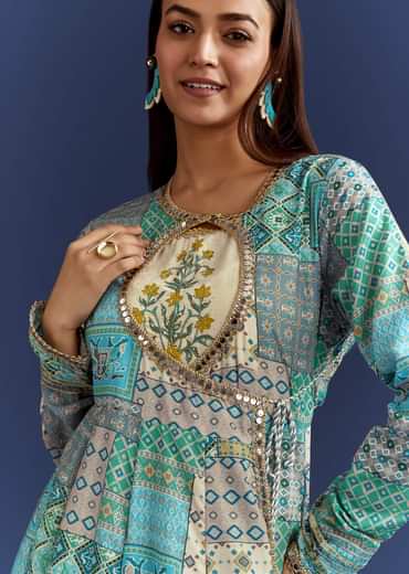 Blue Floral Angrakha Jacket With Gotta Lace Kurta