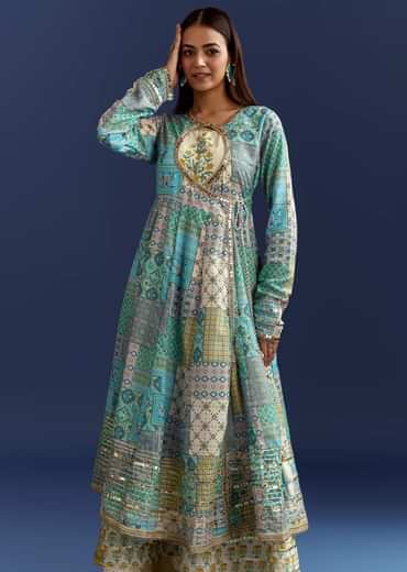 Blue Floral Angrakha Jacket With Gotta Lace Kurta