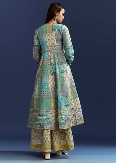 Blue Floral Angrakha Jacket With Gotta Lace Kurta