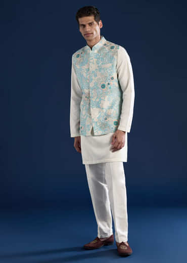 Blue Floral Print Silk Jacket Kurta Set