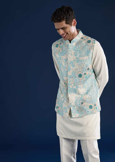 Blue Floral Print Silk Jacket Kurta Set