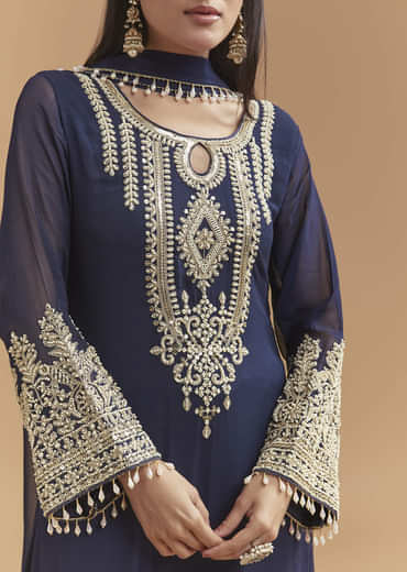Blue Georgette Kurta Set With Moti And Sequins Work