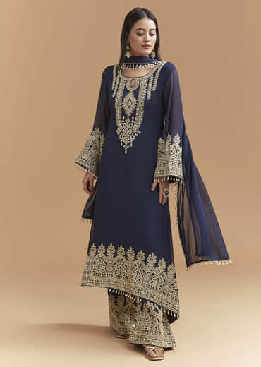 Blue Georgette Kurta Set With Moti And Sequins Work