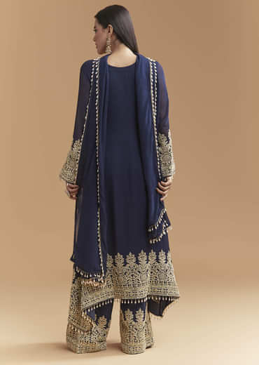 Blue Georgette Kurta Set With Moti And Sequins Work