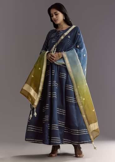 Blue Gotta Work Anarkali Suit With Ombre Organza Dupatta