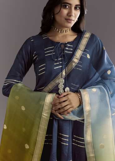 Blue Gotta Work Anarkali Suit With Ombre Organza Dupatta