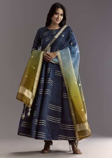 Blue Gotta Work Anarkali Suit With Ombre Organza Dupatta