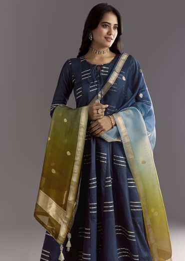 Blue Gotta Work Anarkali Suit With Ombre Organza Dupatta