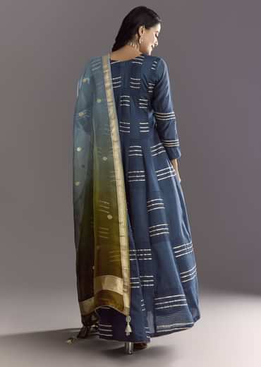 Blue Gotta Work Anarkali Suit With Ombre Organza Dupatta