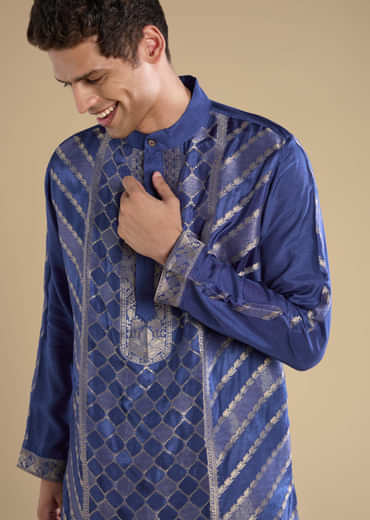 Blue Handwoven Jacquard Silk Mens Kurta and Pant Set