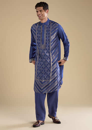 Blue Handwoven Jacquard Silk Mens Kurta and Pant Set