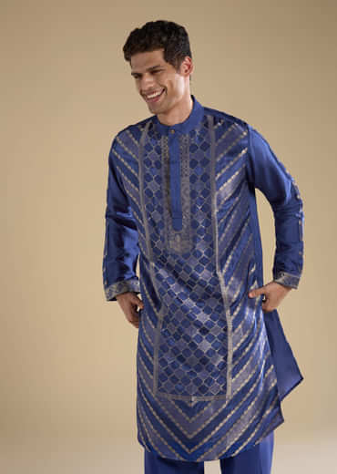 Blue Handwoven Jacquard Silk Mens Kurta and Pant Set