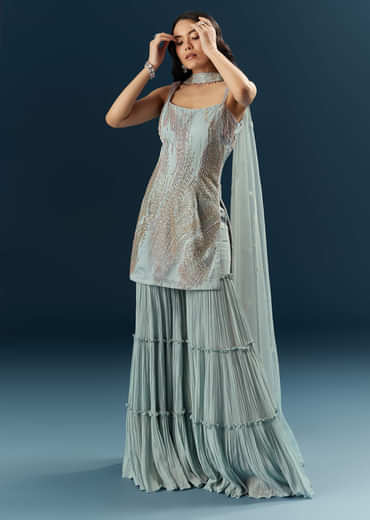 Blue Imported Net Sharara Suit With Cutdana Embroidery