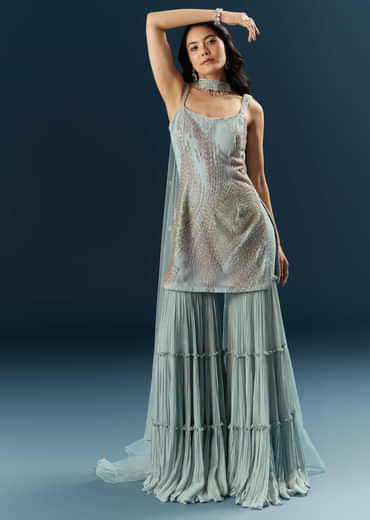 Blue Imported Net Sharara Suit With Cutdana Embroidery