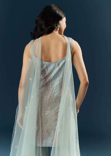 Blue Imported Net Sharara Suit With Cutdana Embroidery