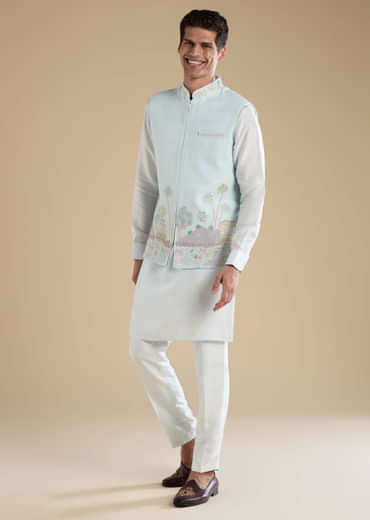 Blue Jacket Kurta Set with Resham Work