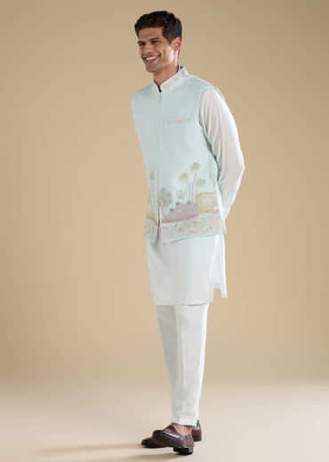 Blue Jacket Kurta Set with Resham Work