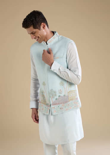 Blue Jacket Kurta Set with Resham Work