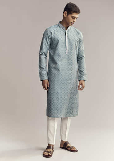 Blue Jacquard Kurta Set For Men