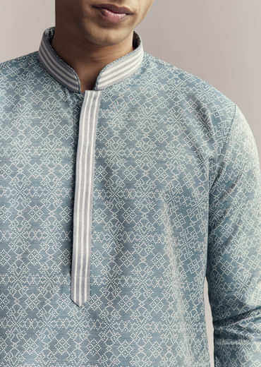 Blue Jacquard Kurta Set For Men