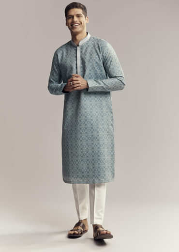 Blue Jacquard Kurta Set For Men