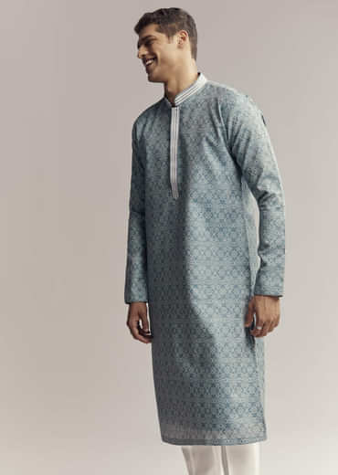 Blue Jacquard Kurta Set For Men