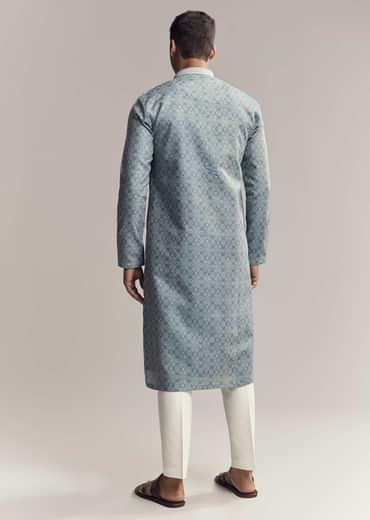 Blue Jacquard Kurta Set For Men