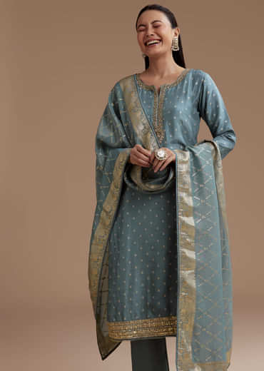 Blue Jacquard Weave Silk Kurta Set with Zardosi