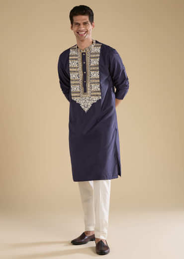 Blue Kashmiri Hand Work Straight Mens Kurta and Pant Set