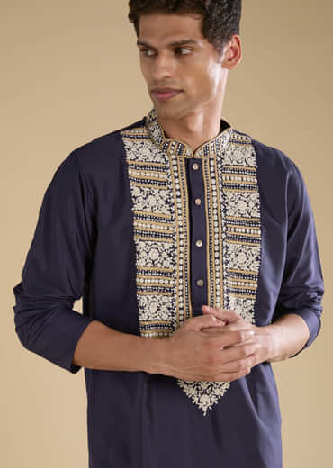 Blue Kashmiri Hand Work Straight Mens Kurta and Pant Set