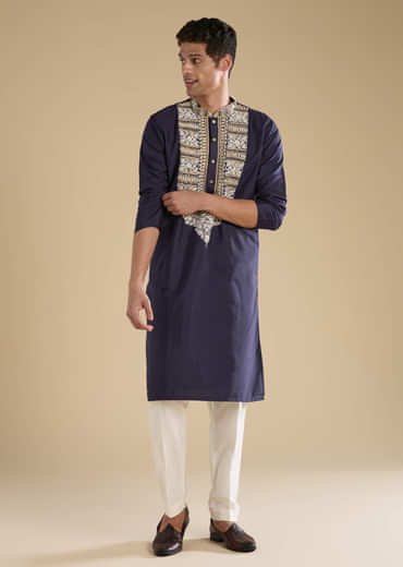 Blue Kashmiri Hand Work Straight Mens Kurta and Pant Set