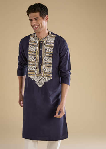 Blue Kashmiri Hand Work Straight Mens Kurta and Pant Set
