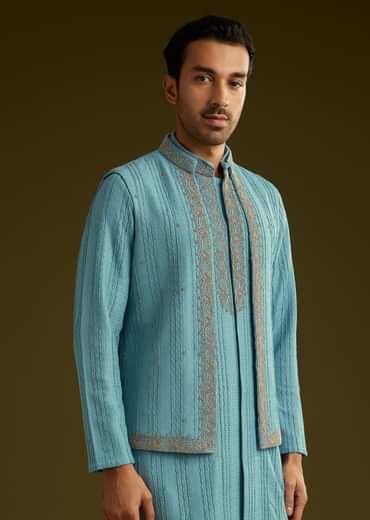 Blue Knit Kurta Jacket Set With Moti Work