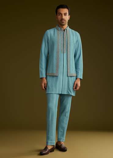 Blue Knit Kurta Jacket Set With Moti Work