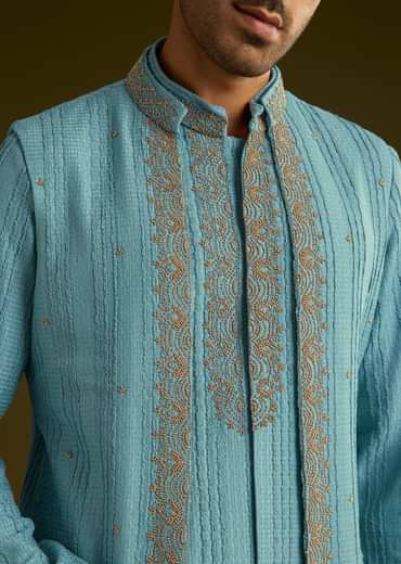 Blue Knit Kurta Jacket Set With Moti Work