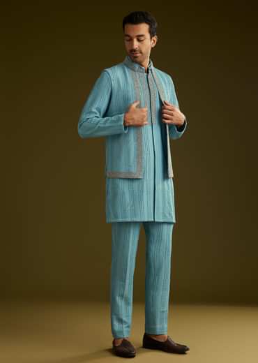 Blue Knit Kurta Jacket Set With Moti Work
