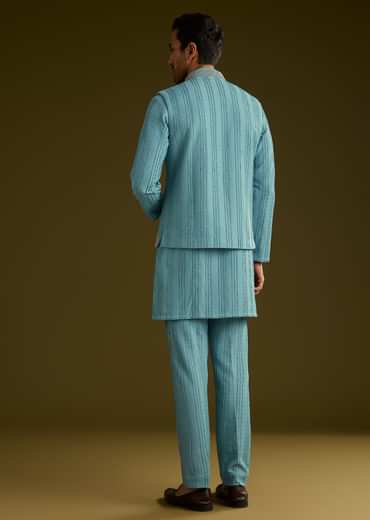 Blue Knit Kurta Jacket Set With Moti Work