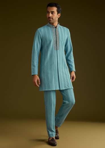 Blue Knit Kurta Jacket Set With Moti Work