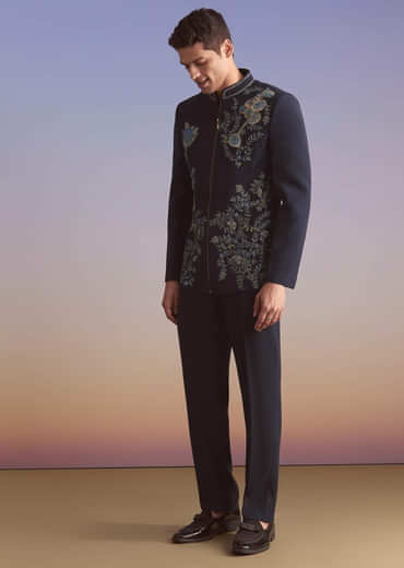 Blue Kurta Jacket Set For Men With Sequins And Moti Work