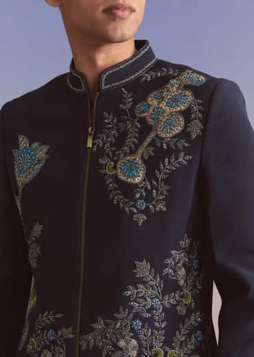 Blue Kurta Jacket Set For Men With Sequins And Moti Work