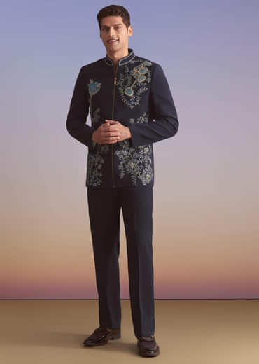 Blue Kurta Jacket Set For Men With Sequins And Moti Work