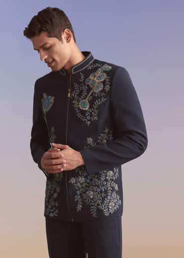Blue Kurta Jacket Set For Men With Sequins And Moti Work
