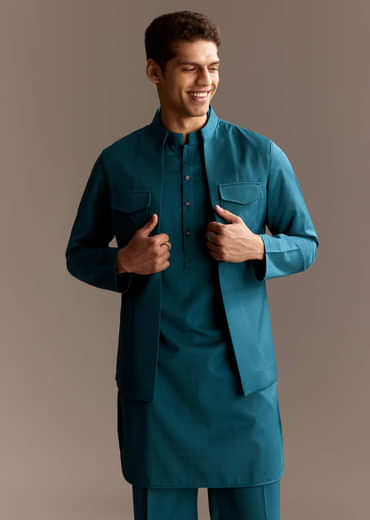 Blue Kurta Jacket Set With Palazzo Pants