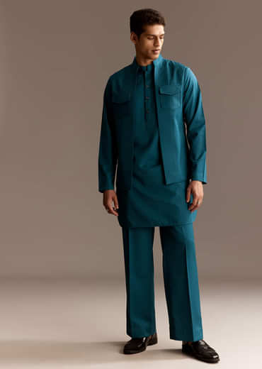 Blue Kurta Jacket Set With Palazzo Pants