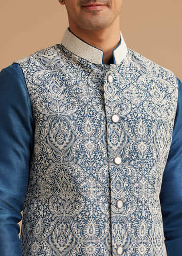 Blue Kurta Jacket Set With Resham Embroidery And Handworked Collar