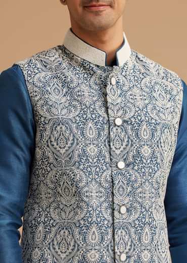Blue Kurta Jacket Set With Resham Embroidery And Handworked Collar