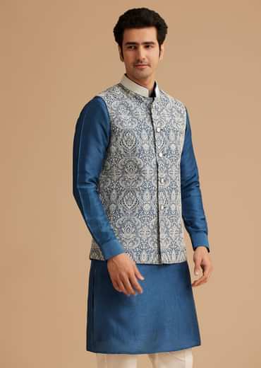 Blue Kurta Jacket Set With Resham Embroidery And Handworked Collar