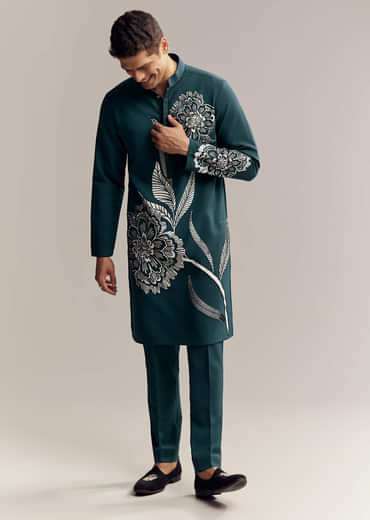 Blue Kurta Set For Men With Floral Print And Beads Work On Suiting Fabric